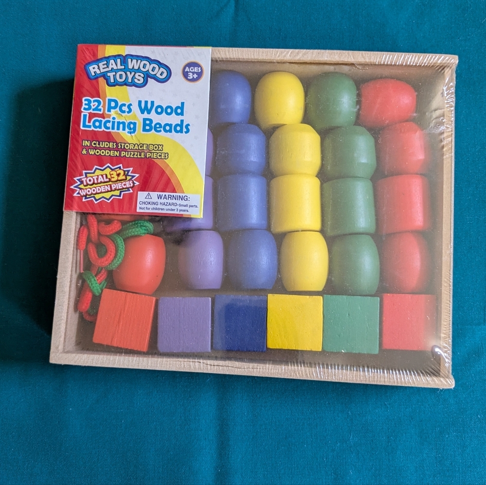Real Wood Toys 32 Pcs Wood Lacing Beads In Storage Box, NIB, Ages 3+